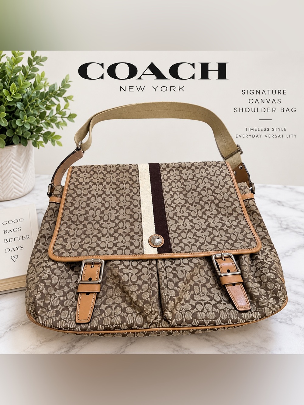Coach F70188 Signature C Canvas Messenger Shoulder Bag Khaki Brown Stripe